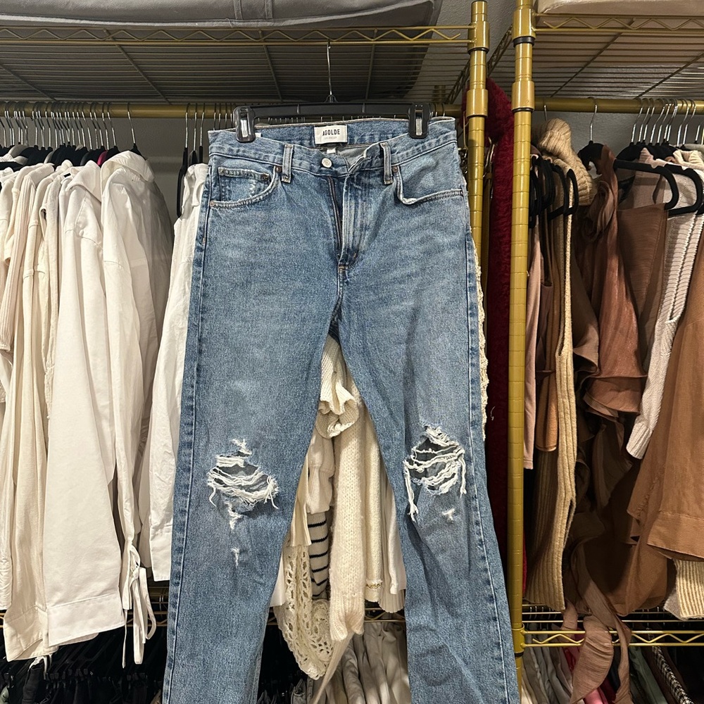 Agolde Blue Boyfriend Jeans with Distressed Detailing